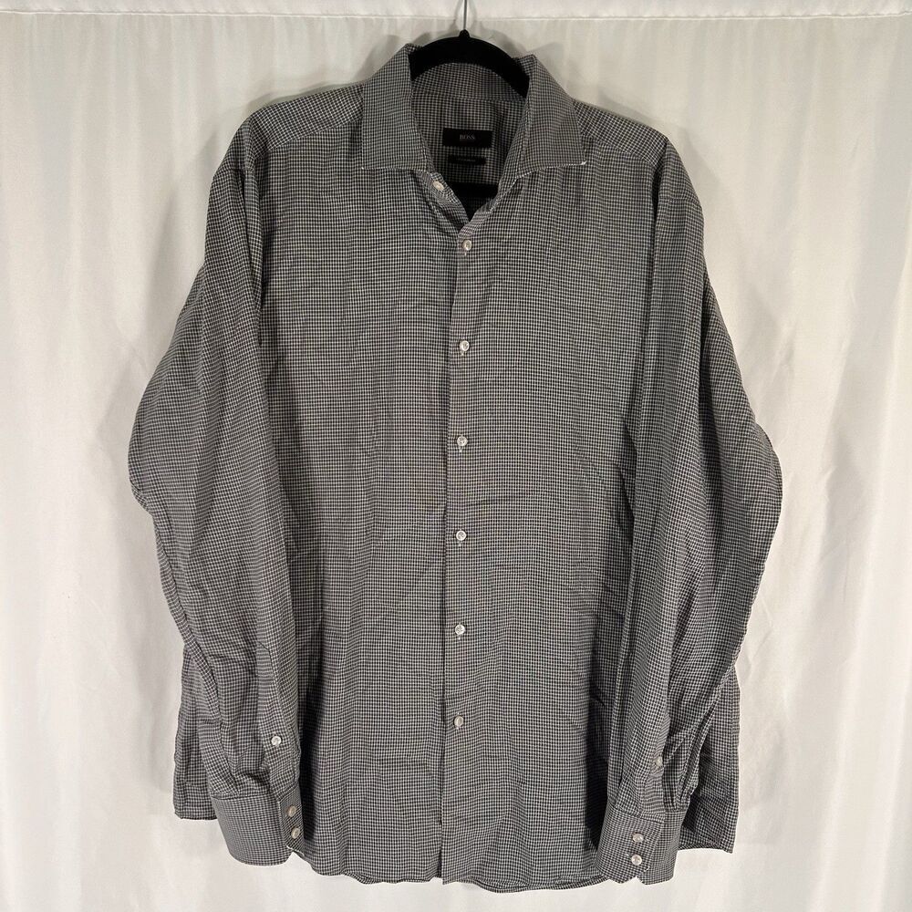 Boss Hugo Boss Dress Shirt Mens 44 17.5 Grey Plaid Button Up Long Sleeve Regular